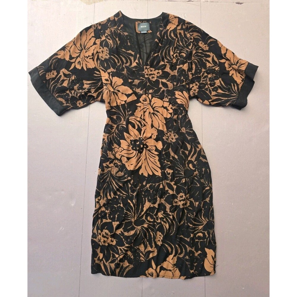 Anthropologie Maeve Mirabilis Dress Size 0 Brown Black Floral Kimono Sleeve